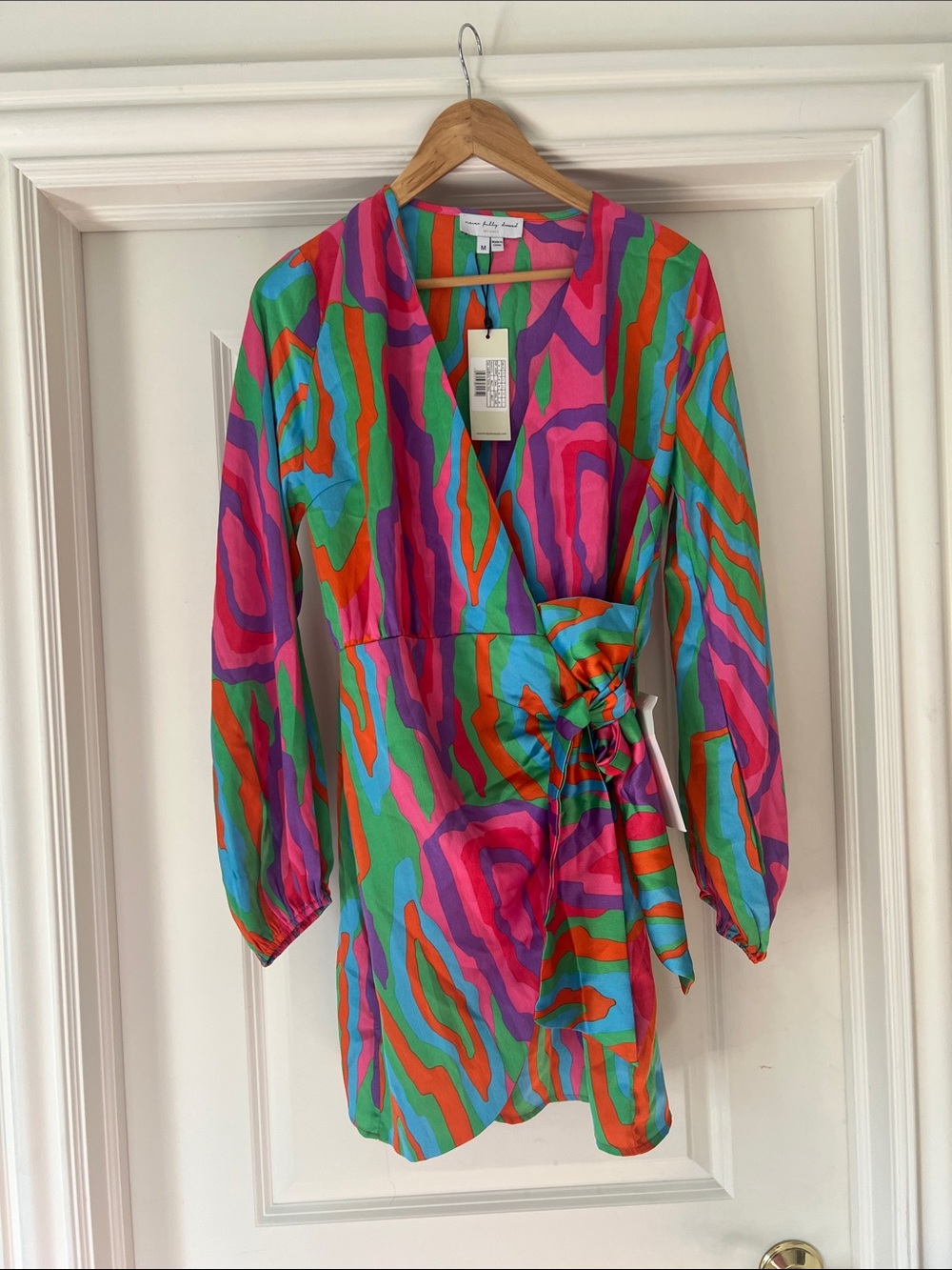 Never Fully Dressed Bold Abstract Wrap Mini Dress in Pink, Green, Blue & Orange